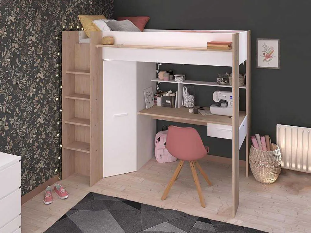 Hoogslaper Met Bureau En Kast - 90 X 200 Cm - Wit En Naturel - Auckland-Vente-unique Sale