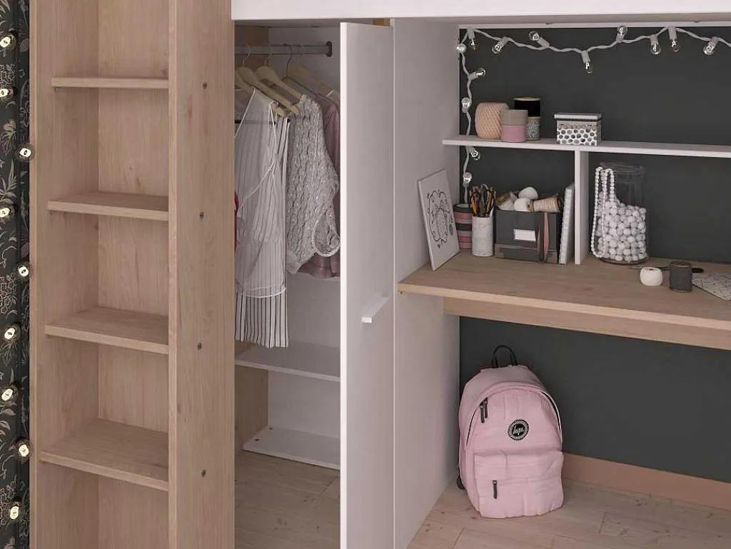 Hoogslaper Met Bureau En Kast - 90 X 200 Cm - Wit En Naturel - Auckland-Vente-unique Sale