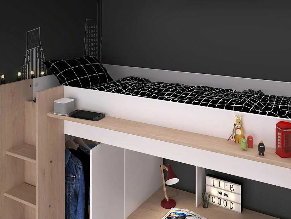 Hoogslaper Met Bureau En Kast - 90 X 200 Cm - Wit En Naturel - Auckland-Vente-unique Sale