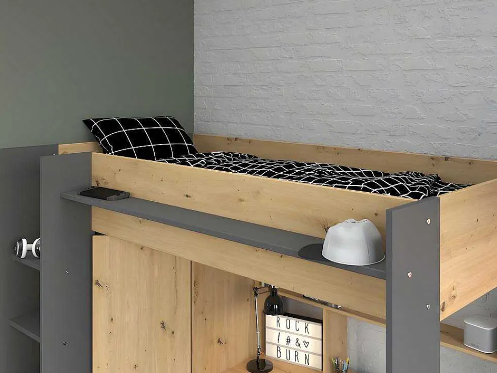 Hoogslaper Met Bureau En Kast - 90X200Cm - Naturel En Antraciet + Matras - Auckland-Vente-unique Online