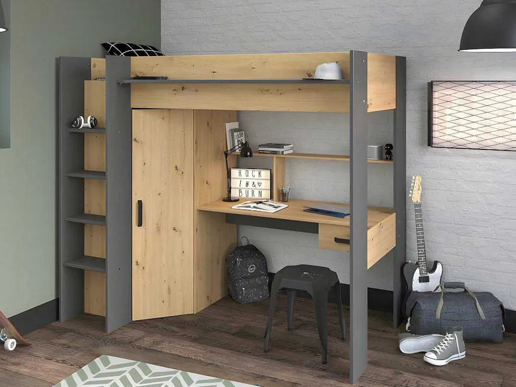 Hoogslaper Met Bureau En Kast - 90X200Cm - Naturel En Antraciet + Matras - Auckland-Vente-unique Online