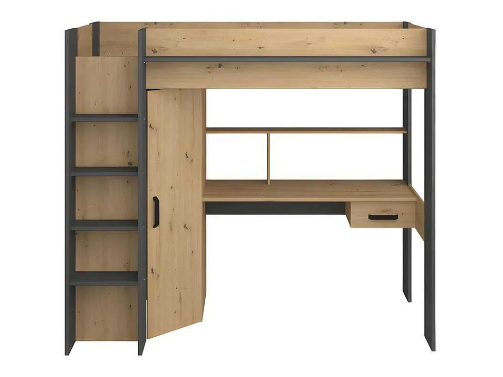 Hoogslaper Met Bureau En Kast - 90X200Cm - Naturel En Antraciet + Matras - Auckland-Vente-unique Online