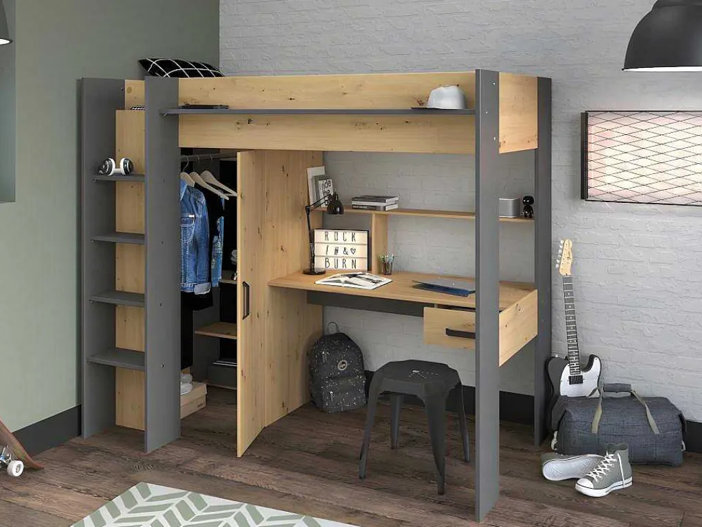 Hoogslaper Met Bureau En Kast - 90X200Cm - Naturel En Antraciet + Matras - Auckland-Vente-unique Online