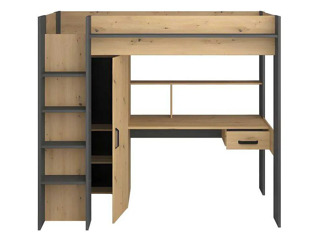 Hoogslaper Met Bureau En Kast - 90X200Cm - Naturel En Antraciet + Matras - Auckland-Vente-unique Online