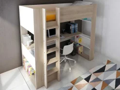 Hoogslaper Met Bureau En Opbergruimte - 90 X 200 Cm - Eik En Wit + Matras - Noah Ii-Vente-unique Hot