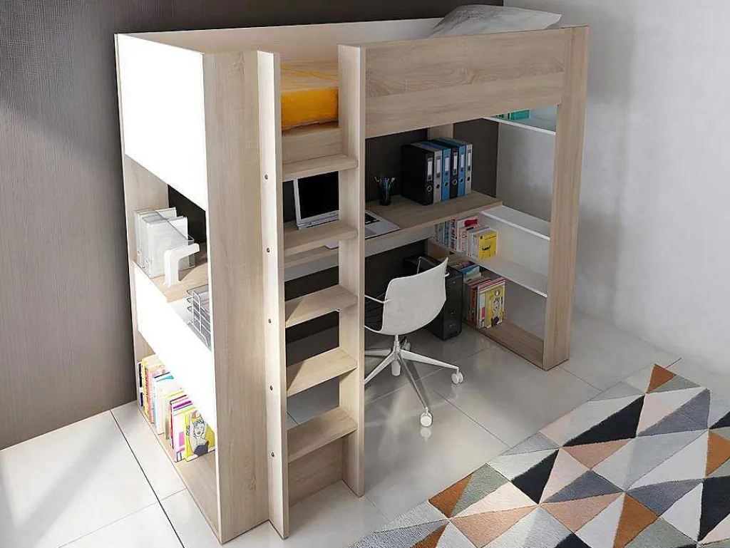 Hoogslaper Met Bureau En Opbergruimte - 90 X 200 Cm - Eik En Wit + Matras - Noah Ii-Vente-unique Hot