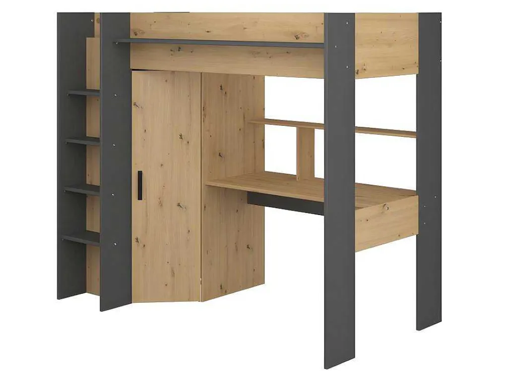 Hoogslaper Met Bureau En Kast - 90X200Cm - Naturel En Antraciet - Auckland-Vente-unique Online
