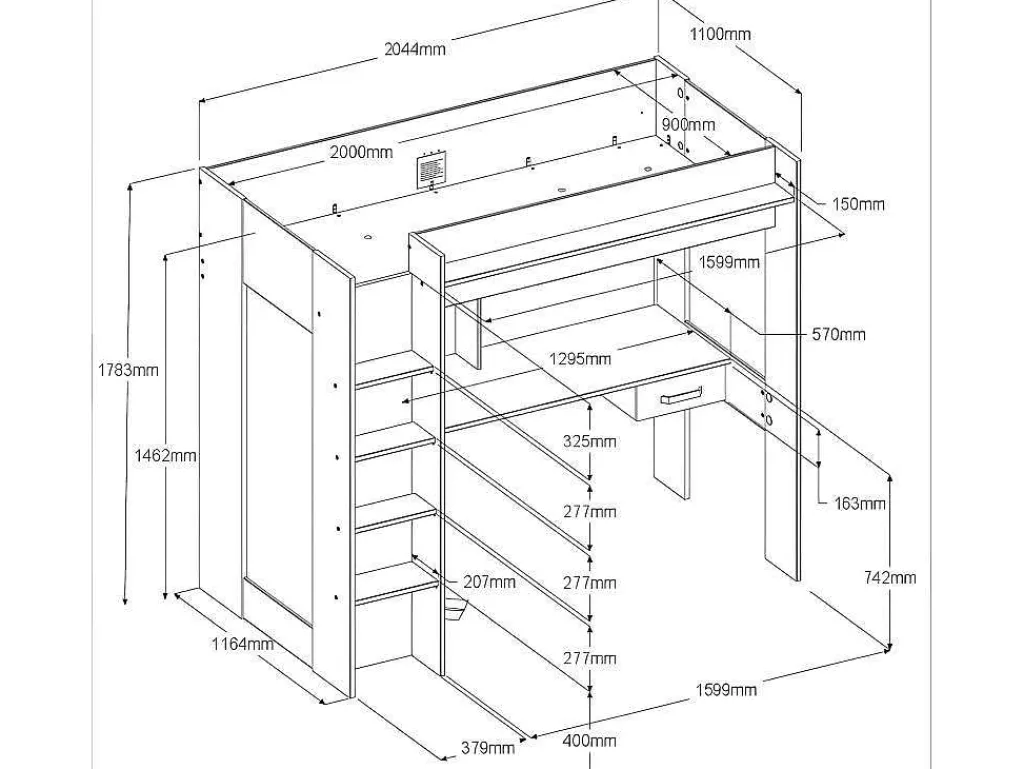 Hoogslaper Met Bureau En Kast - 90X200Cm - Naturel En Antraciet - Auckland-Vente-unique Online