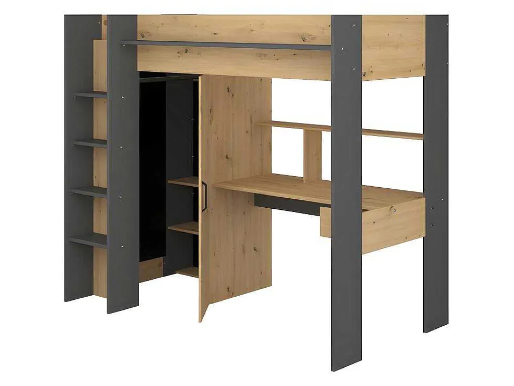 Hoogslaper Met Bureau En Kast - 90X200Cm - Naturel En Antraciet - Auckland-Vente-unique Online