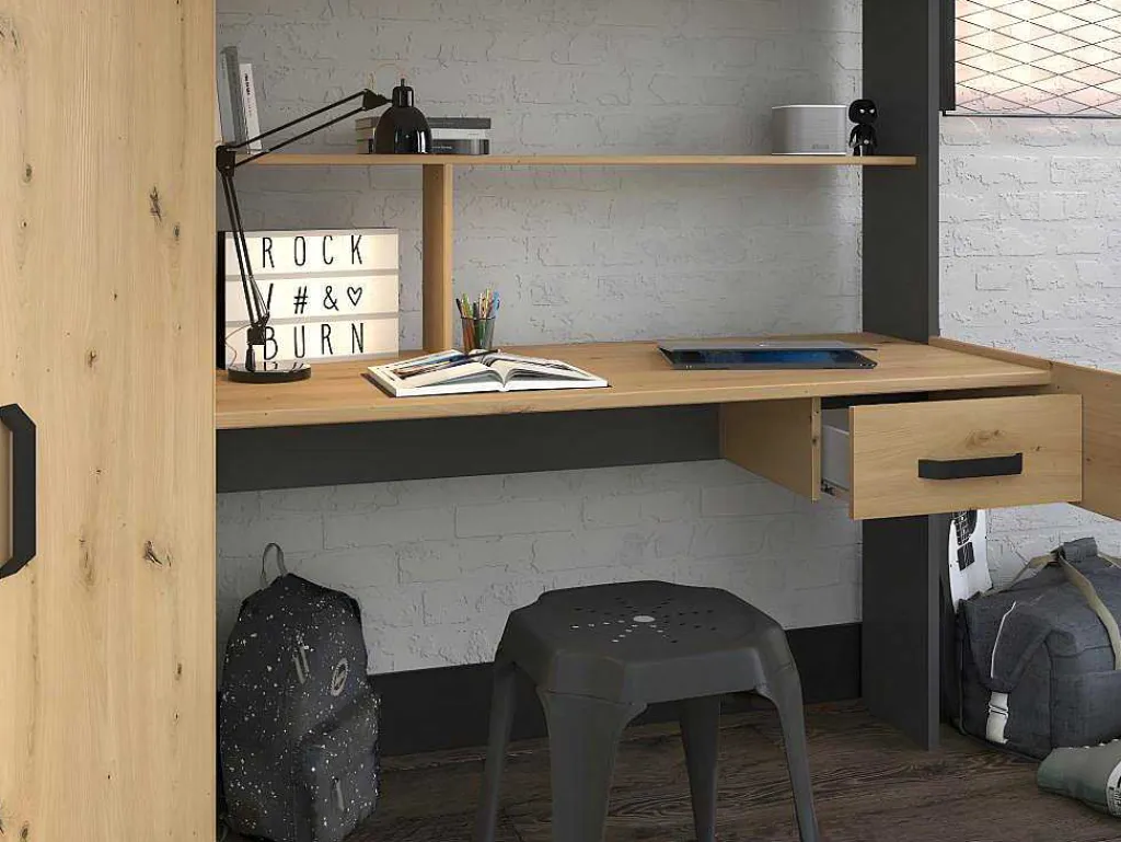 Hoogslaper Met Bureau En Kast - 90X200Cm - Naturel En Antraciet - Auckland-Vente-unique Online