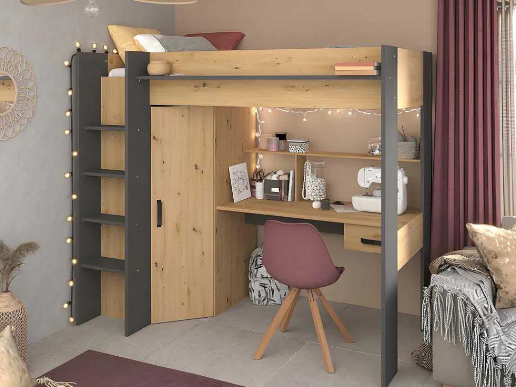 Hoogslaper Met Bureau En Kast - 90X200Cm - Naturel En Antraciet - Auckland-Vente-unique Online