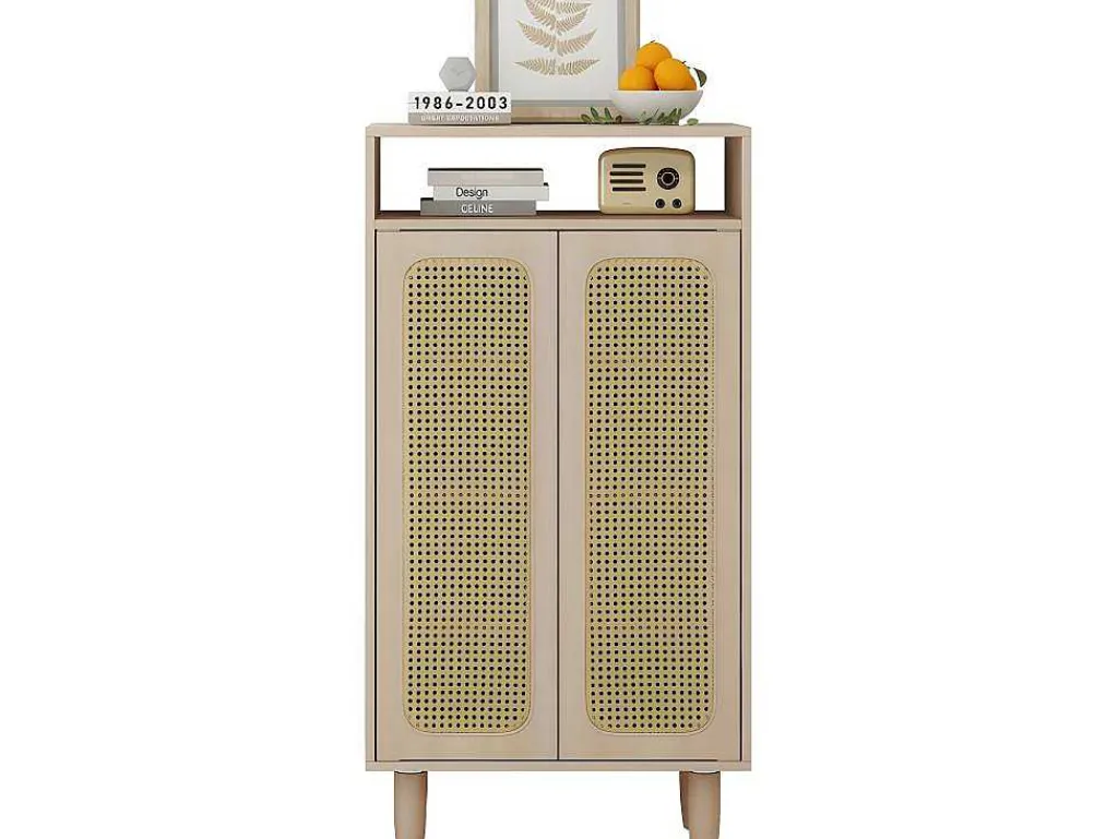Houten Schoenenkast - 2 Rotan Deuren En 3 Verstelbare Interne Planken - Naturel-ModernLuxe Hot