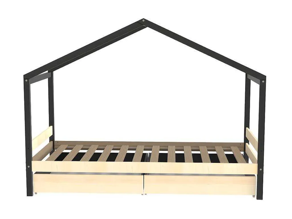 Hutbed Elfia - 2 Laden - 90 X 190 Cm - Massief Grenen - Naturel En Zwart-Vente-unique