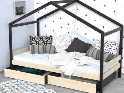 Hutbed Elfia - 2 Laden - 90 X 190 Cm - Massief Grenen - Naturel En Zwart-Vente-unique