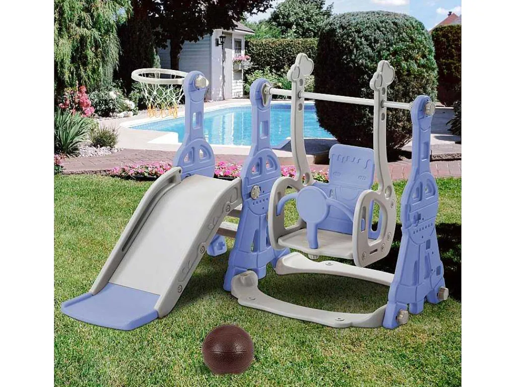 4-In-1 Glijbaan Met Schommel En Basketbalstandaard Voor Kinderen, Klimladder, Voor Binnen En Buiten, Blauw-Vente-unique Best