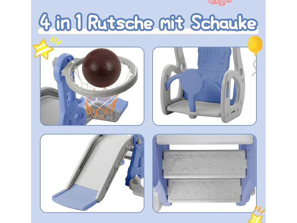 4-In-1 Glijbaan Met Schommel En Basketbalstandaard Voor Kinderen, Klimladder, Voor Binnen En Buiten, Blauw-Vente-unique Best