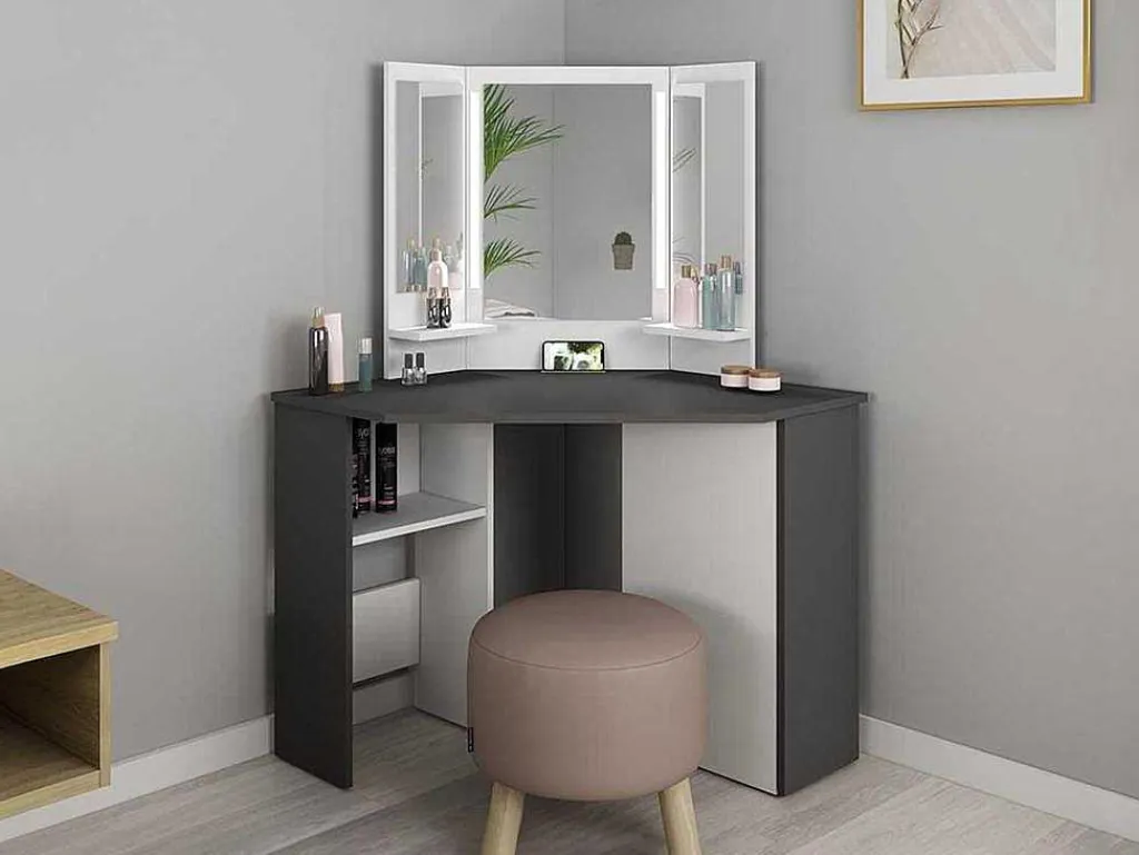 Kaptafel Charlene - Spiegel Met Ledverlichting En Opbergruimtes - Wit En Grijs-Vente-unique Discount