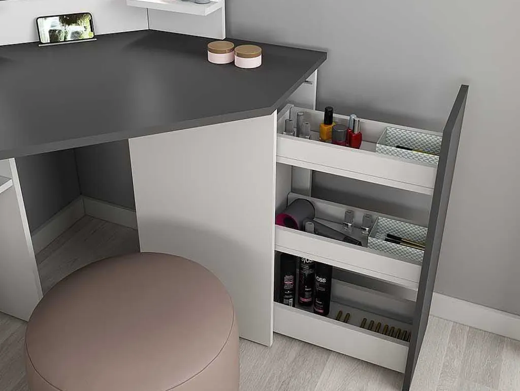 Kaptafel Charlene - Spiegel Met Ledverlichting En Opbergruimtes - Wit En Grijs-Vente-unique Discount