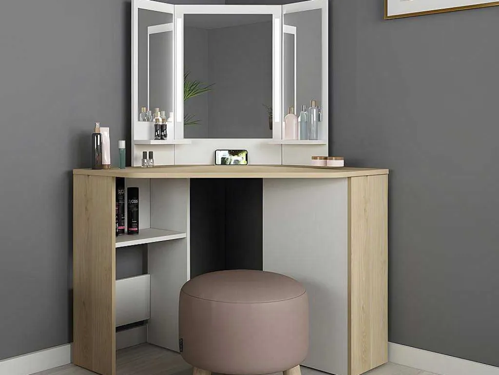 Kaptafel Charlene - Spiegel Met Ledverlichting En Opbergruimtes - Wit En Grijs-Vente-unique Discount