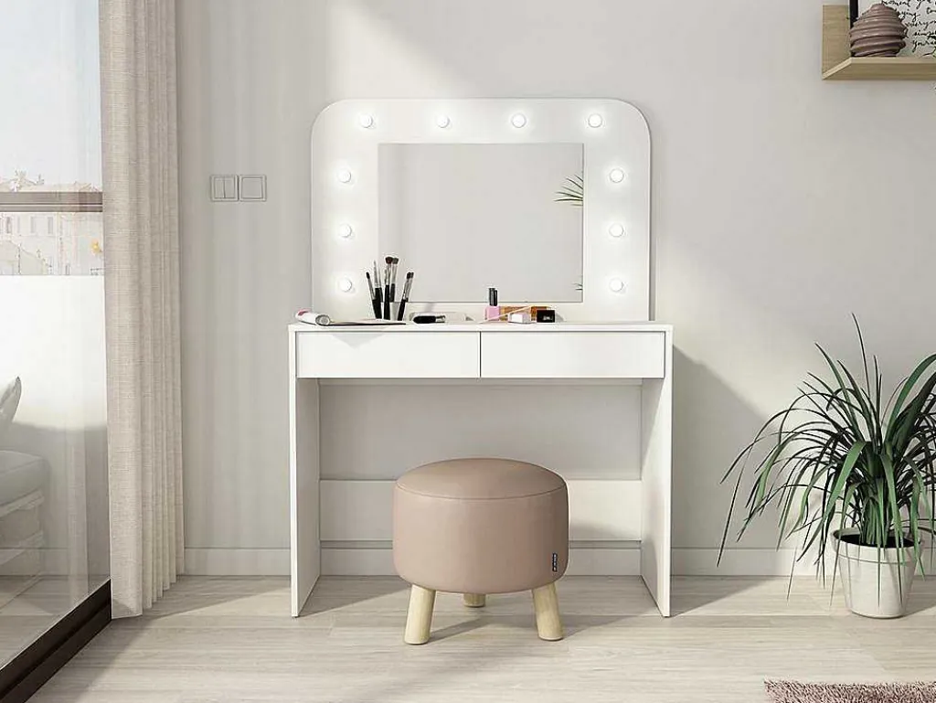Kaptafel Jospehine - Led-Spiegel En Opbergruimte - Wit-Vente-unique Clearance