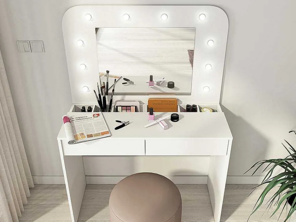 Kaptafel Jospehine - Led-Spiegel En Opbergruimte - Wit-Vente-unique Clearance