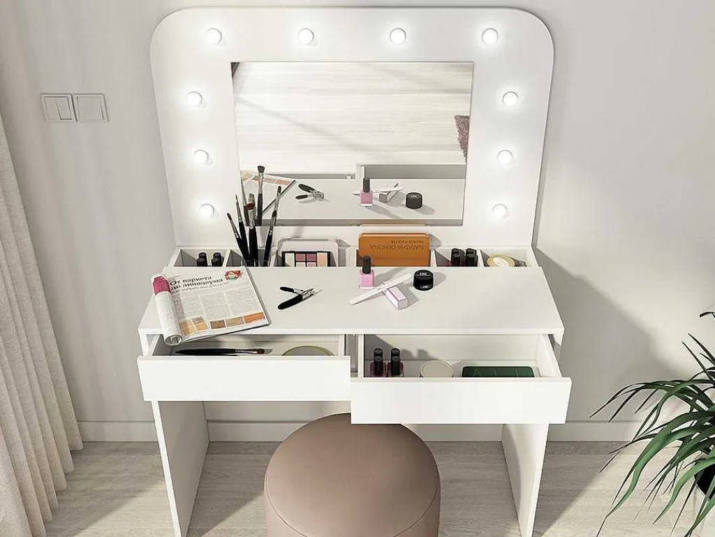 Kaptafel Jospehine - Led-Spiegel En Opbergruimte - Wit-Vente-unique Clearance