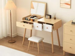 Kaptafel Met Opbergspiegel, 3 Laden, Meerdere Opbergvakken, Grote Opbergcapaciteit - Naturel (Kruk Niet Inbegrepen)-ModernLuxe Online