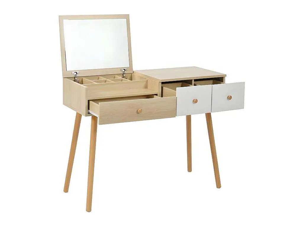 Kaptafel Met Opbergspiegel, 3 Laden, Meerdere Opbergvakken, Grote Opbergcapaciteit - Naturel (Kruk Niet Inbegrepen)-ModernLuxe Online