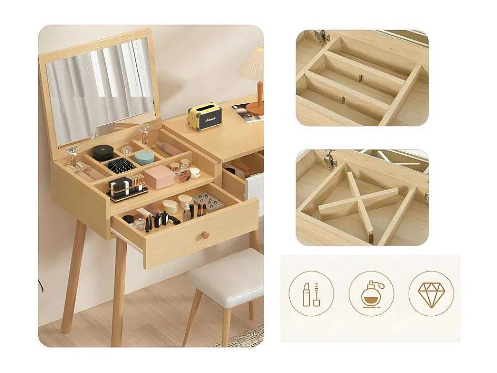 Kaptafel Met Opbergspiegel, 3 Laden, Meerdere Opbergvakken, Grote Opbergcapaciteit - Naturel (Kruk Niet Inbegrepen)-ModernLuxe Online