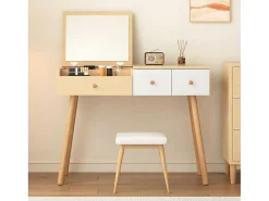 Kaptafel Met Opbergspiegel, 3 Laden, Meerdere Opbergvakken, Grote Opbergcapaciteit - Naturel (Kruk Niet Inbegrepen)-ModernLuxe Online