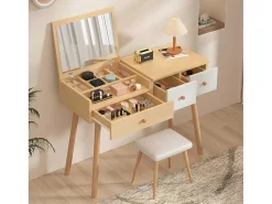 Kaptafel Met Opbergspiegel, 3 Laden, Meerdere Opbergvakken, Grote Opbergcapaciteit - Naturel (Kruk Niet Inbegrepen)-ModernLuxe Online