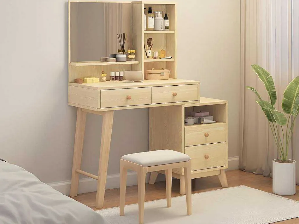 Kaptafel Met Spiegel - 4 Open Vakken En 4 Grote Lades - Naturel (Kruk Niet Inbegrepen)-ModernLuxe Outlet