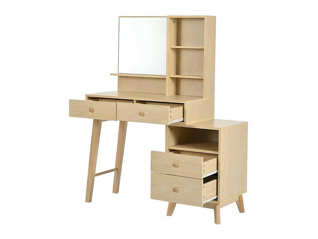 Kaptafel Met Spiegel - 4 Open Vakken En 4 Grote Lades - Naturel (Kruk Niet Inbegrepen)-ModernLuxe Outlet