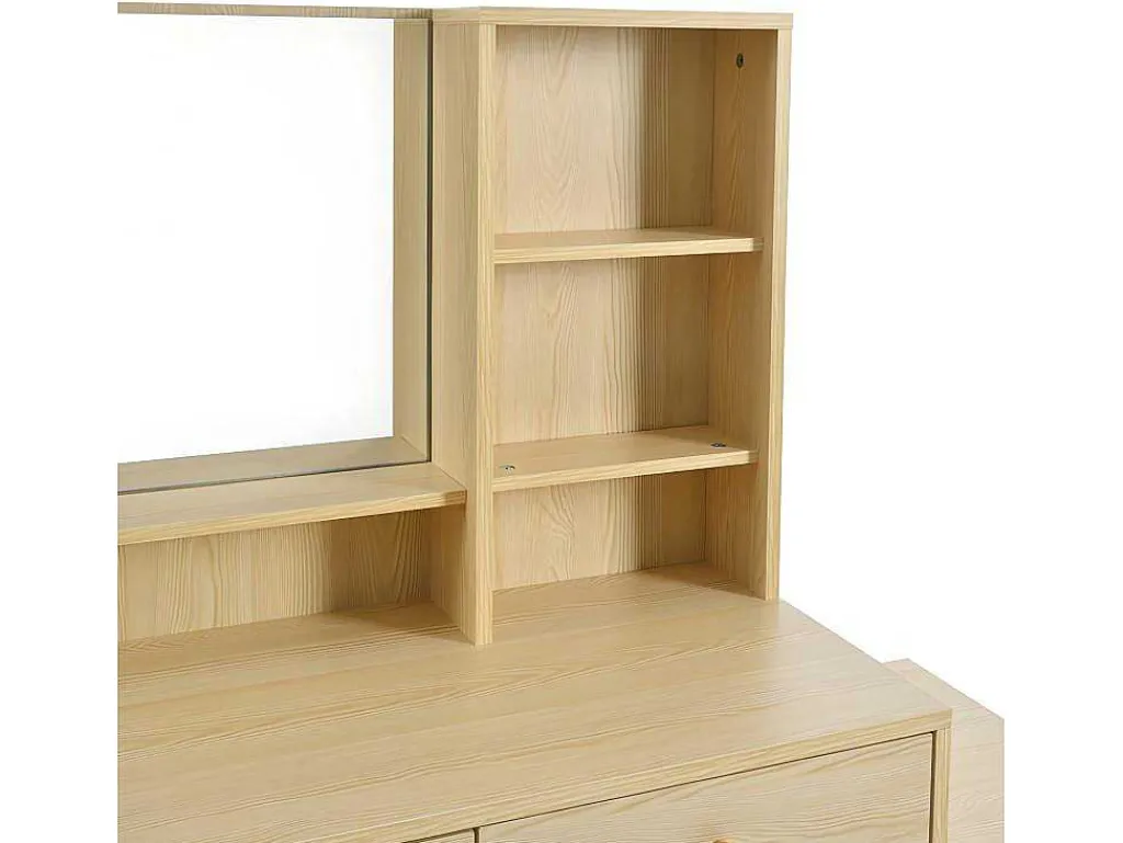 Kaptafel Met Spiegel - 4 Open Vakken En 4 Grote Lades - Naturel (Kruk Niet Inbegrepen)-ModernLuxe Outlet