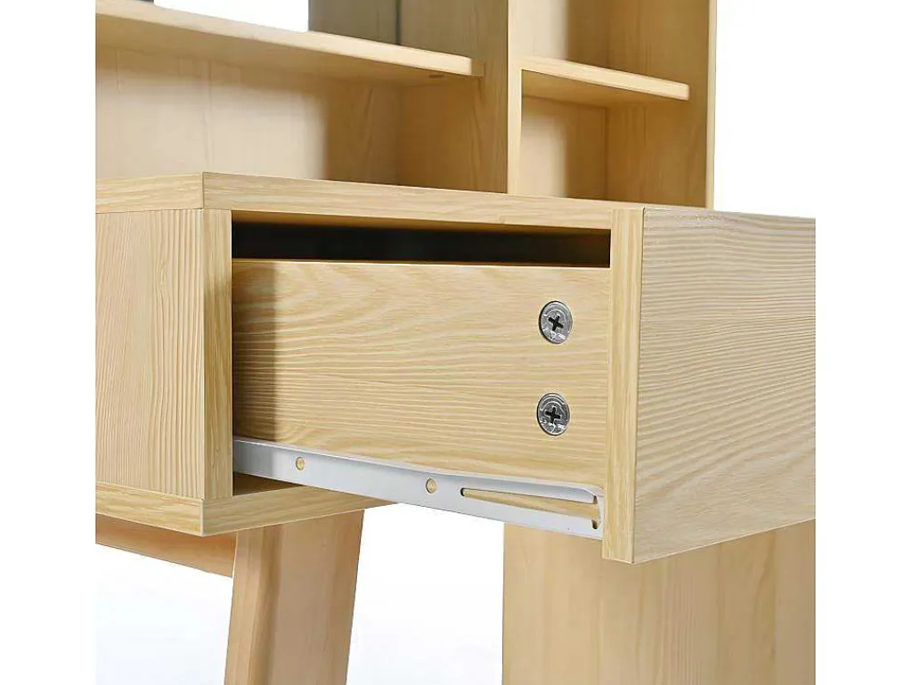 Kaptafel Met Spiegel - 4 Open Vakken En 4 Grote Lades - Naturel (Kruk Niet Inbegrepen)-ModernLuxe Outlet