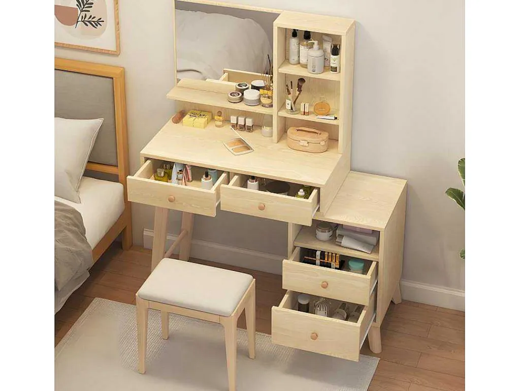 Kaptafel Met Spiegel - 4 Open Vakken En 4 Grote Lades - Naturel (Kruk Niet Inbegrepen)-ModernLuxe Outlet