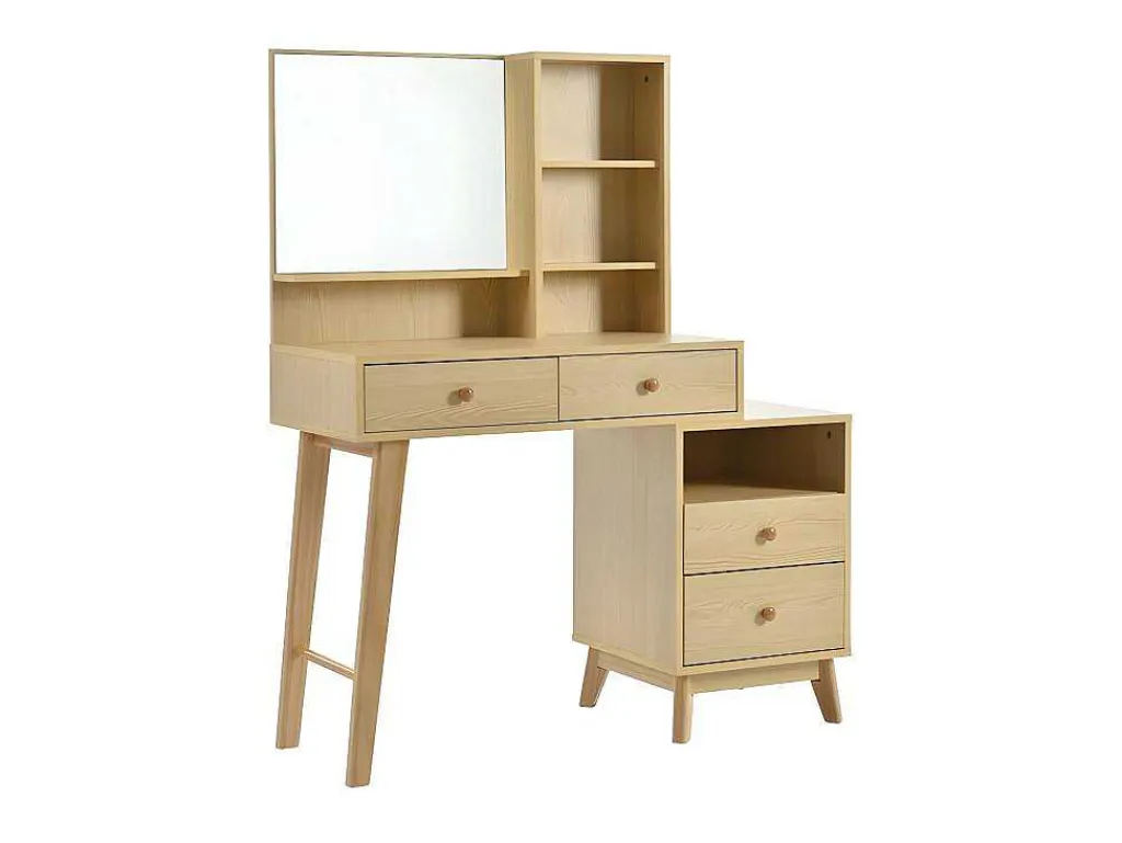 Kaptafel Met Spiegel - 4 Open Vakken En 4 Grote Lades - Naturel (Kruk Niet Inbegrepen)-ModernLuxe Outlet