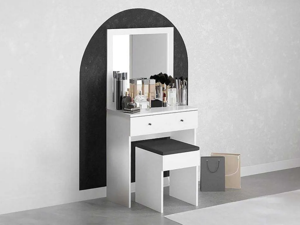 Kaptafel Met Spiegel En Kruk - 1 Lade - Wit - Abonia-Vente-unique Discount