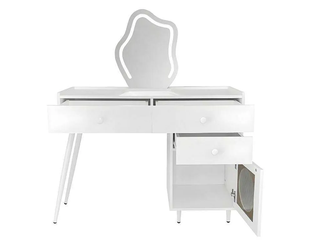 Kaptafel Met Spiegel En Led-Verlichting - 2 Lades En Een Uitneembare Kast - Wit (Kruk Niet Inbegrepen)-ModernLuxe