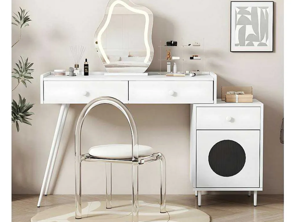 Kaptafel Met Spiegel En Led-Verlichting - 2 Lades En Een Uitneembare Kast - Wit (Kruk Niet Inbegrepen)-ModernLuxe