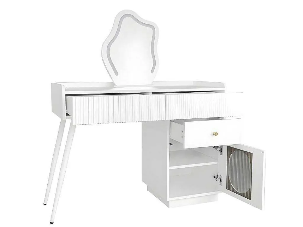 Kaptafel Met Spiegel En Led-Verlichting - 2 Lades En Een Uitneembare Kast - Wit (Kruk Niet Inbegrepen)-ModernLuxe Hot