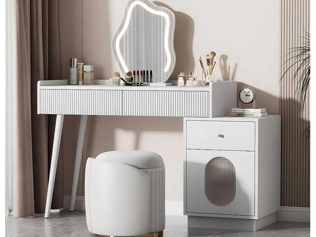 Kaptafel Met Spiegel En Led-Verlichting - 2 Lades En Een Uitneembare Kast - Wit (Kruk Niet Inbegrepen)-ModernLuxe Hot