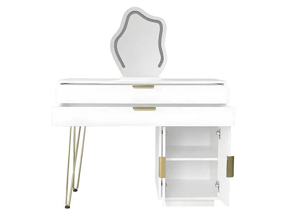 Kaptafel Met Spiegel En Led-Verlichting - 2 Lades En Een Uitneembare Kast - Wit (Kruk Niet Inbegrepen)-ModernLuxe Hot