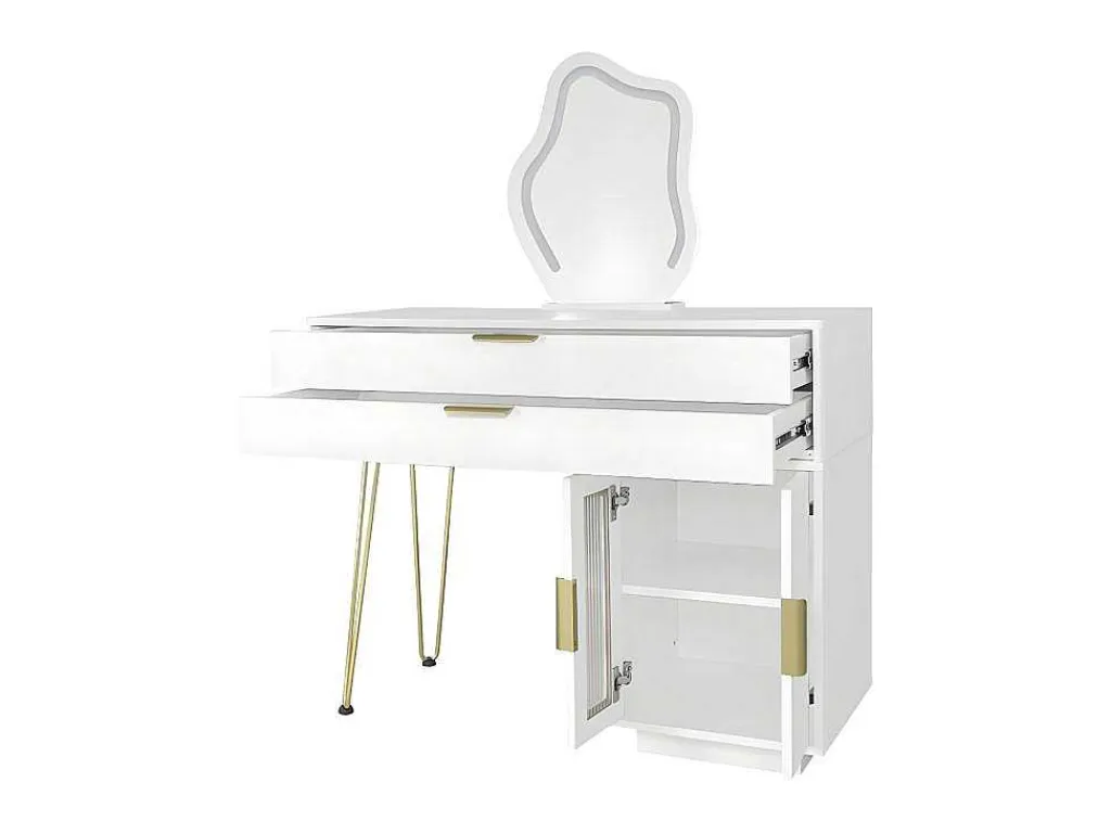 Kaptafel Met Spiegel En Led-Verlichting - 2 Lades En Een Uitneembare Kast - Wit (Kruk Niet Inbegrepen)-ModernLuxe Hot