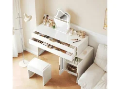 Kaptafel Met Spiegel En Led-Verlichting - 2 Lades En Een Uitneembare Kast - Wit (Kruk Niet Inbegrepen)-ModernLuxe Hot
