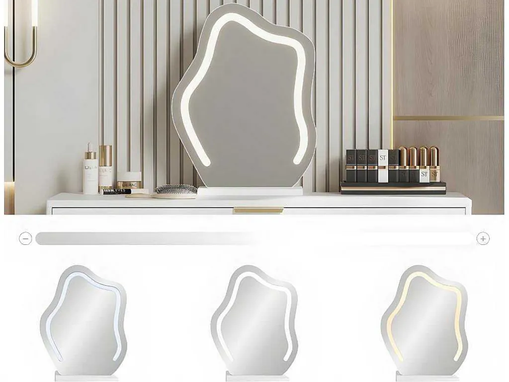 Kaptafel Met Spiegel En Led-Verlichting - 2 Lades En Een Uitneembare Kast - Wit (Kruk Niet Inbegrepen)-ModernLuxe Hot