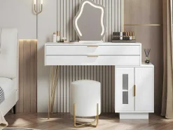 Kaptafel Met Spiegel En Led-Verlichting - 2 Lades En Een Uitneembare Kast - Wit (Kruk Niet Inbegrepen)-ModernLuxe Hot