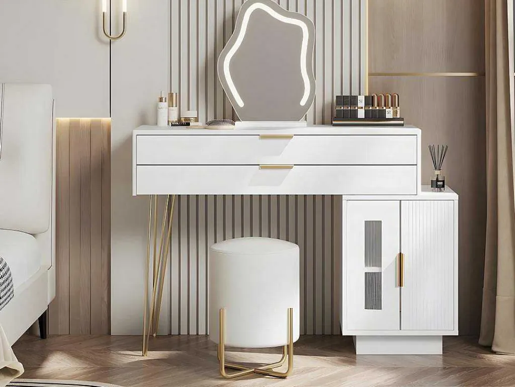 Kaptafel Met Spiegel En Led-Verlichting - 2 Lades En Een Uitneembare Kast - Wit (Kruk Niet Inbegrepen)-ModernLuxe Hot