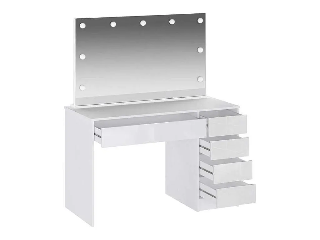 Kaptafel Met Spiegel En Ledverlichting - 5 Lades - Glanzend Wit - Jenemi-Vente-unique New