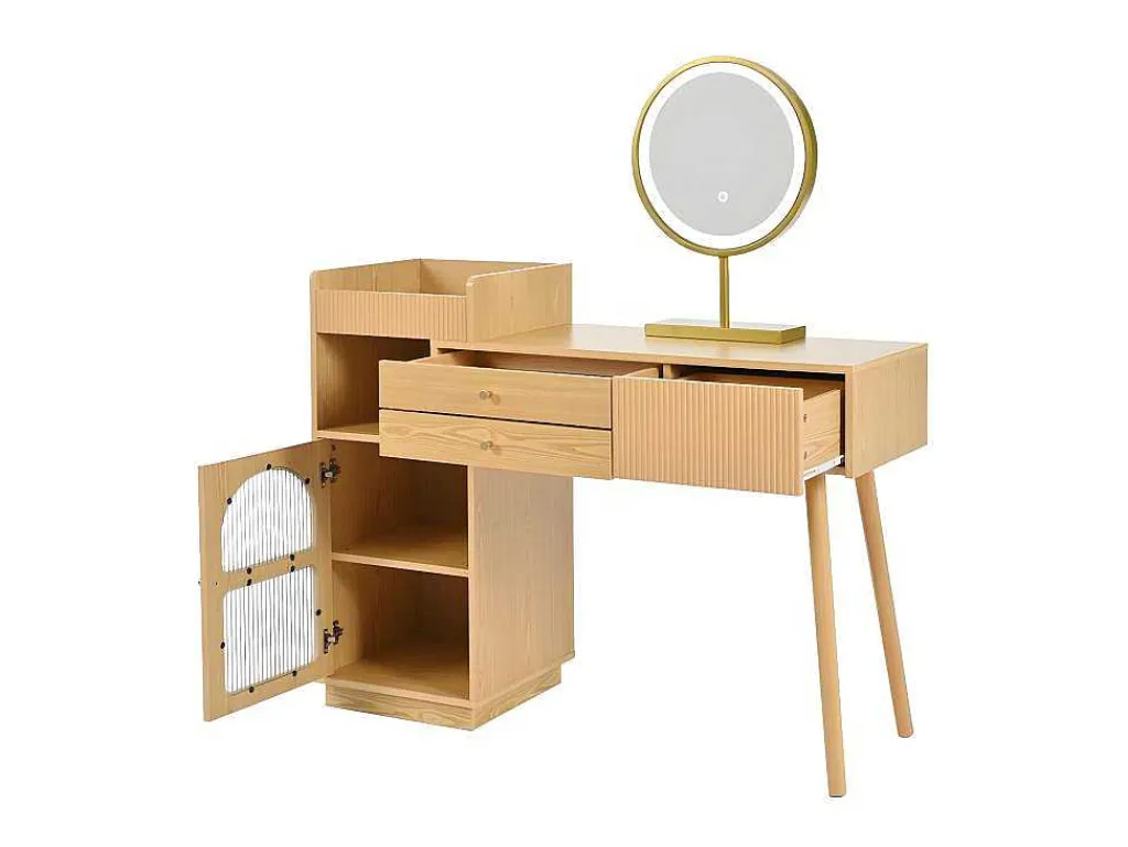 Kaptafel Met Spiegel En Led-Verlichting - 3 Lades En Een Zijkastje - Naturel (Kruk Niet Inbegrepen)-ModernLuxe Sale